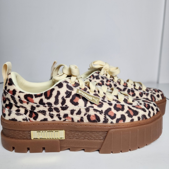 Puma Shoes - Puma Mayze Leopard Print Platform Sneakers - Brown and Cream